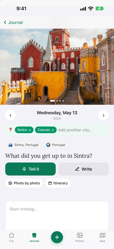 A day of the trip with its photo, a question, and Tell it and Write buttons