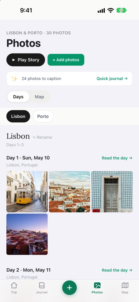The Photos screen: a trip’s photos sorted into days, grouped by city