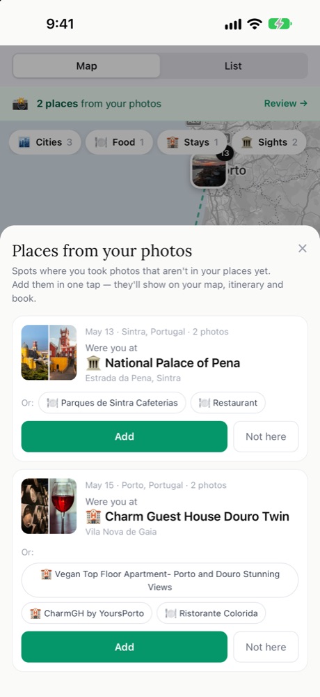 Places found in your photos, each with an Add button