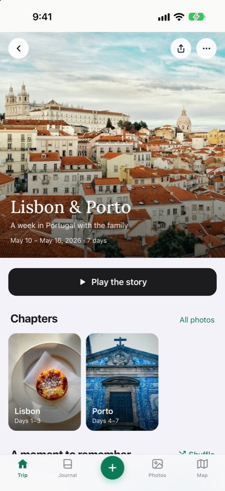 A trip’s home screen with its cover photo and Play the story